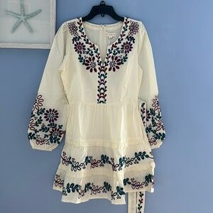 Roller Rabbit Cream Mini Dress with Teal and Plum Embroidery